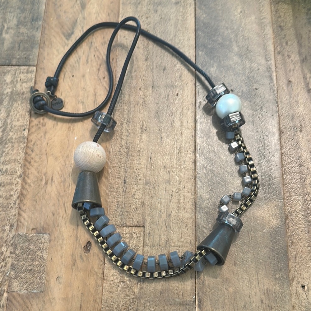 Furla ( Made in Italy ) Unique Beaded Necklace with Black Leather  Cord